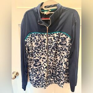 Links Leopard Print Zip Up Jacket XL Navy Animal Print Turquoise Trim Activewear